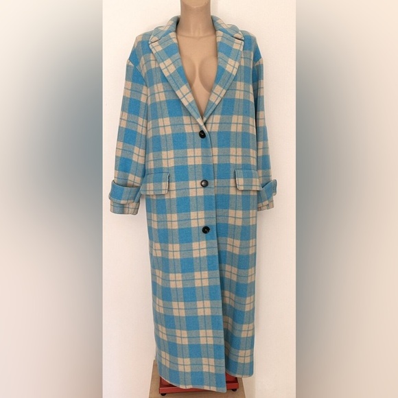 MSGM Blue Beige Checkered Long Wool Coat - Picture 3 of 5
